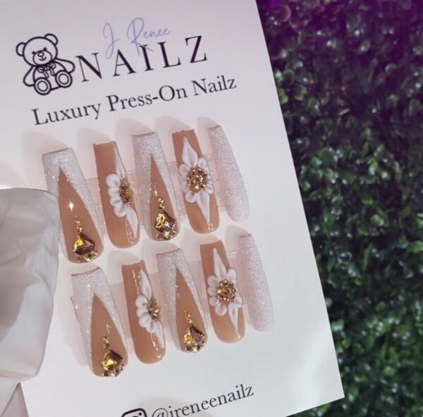 Classy Girl Set | 3D Flowers Classy White & Gold Bling Press On Nails - Image 2