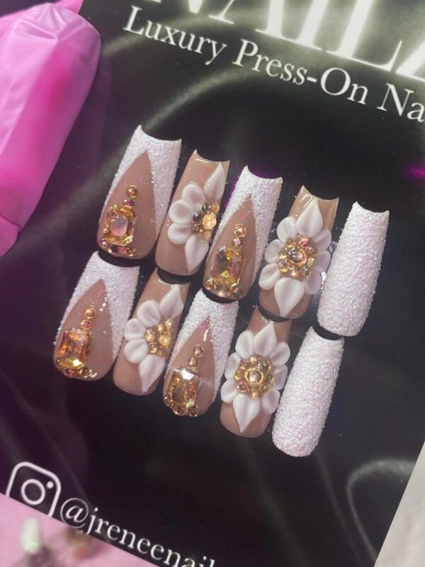 Classy Girl Set | 3D Flowers Classy White & Gold Bling Press On Nails